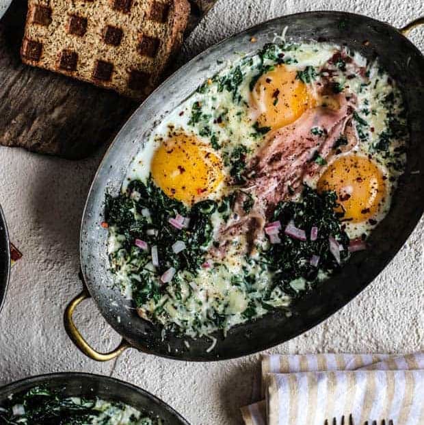 Baked Eggs with Prosciutto and Spinach from G-Free Foodie