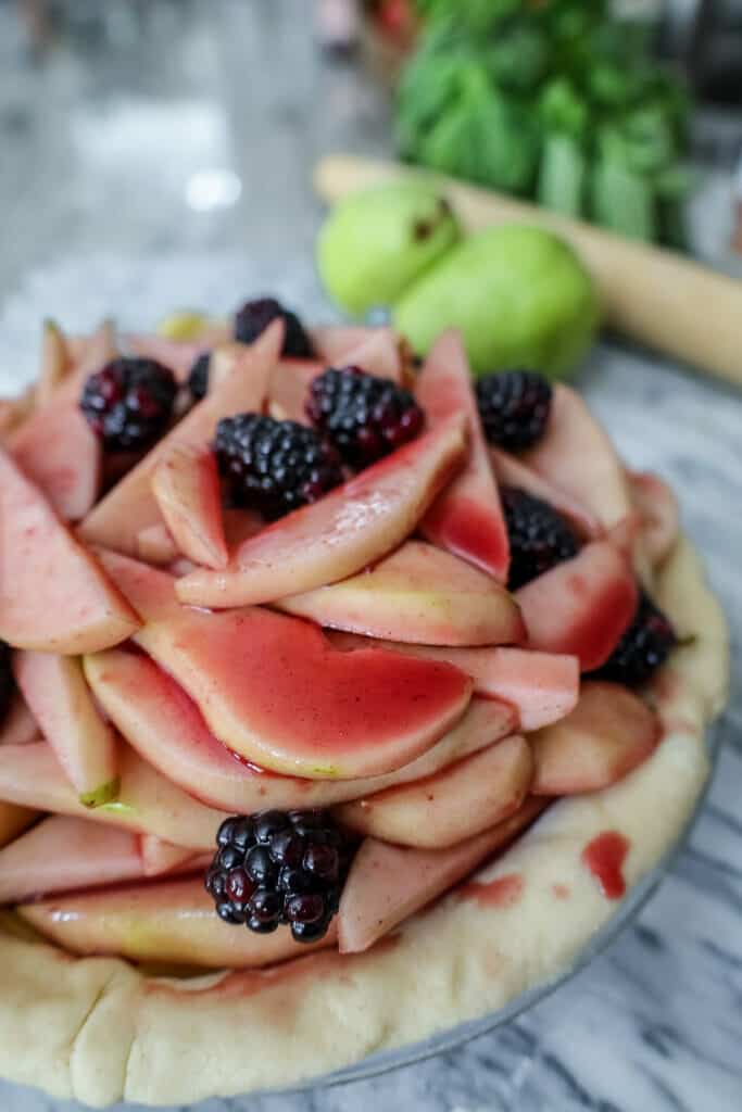 Pear Blackberry Pie with Red Wine Syrup