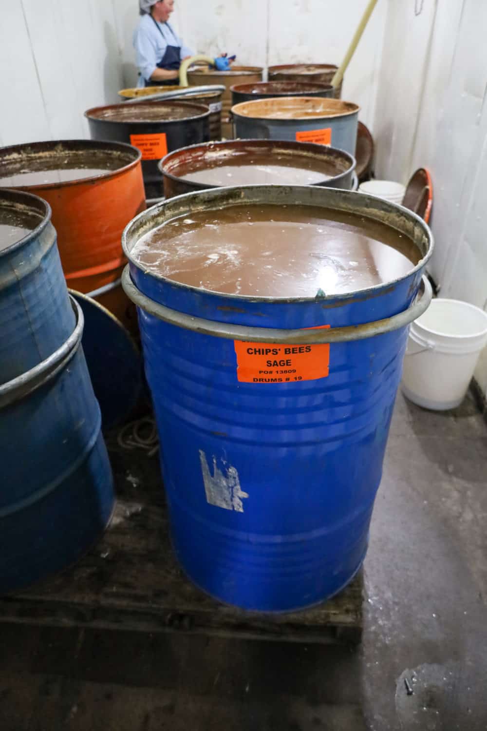 55 gallon drum of honey at Bennett's Honey Farm