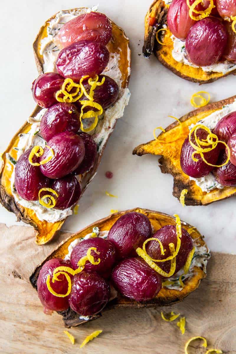 Roasted Grape & Goat Cheese Sweet Potato Crostini from the top .