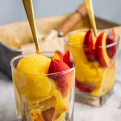 Peach sorbet ready to serve in glasses with slices of stone fruit.