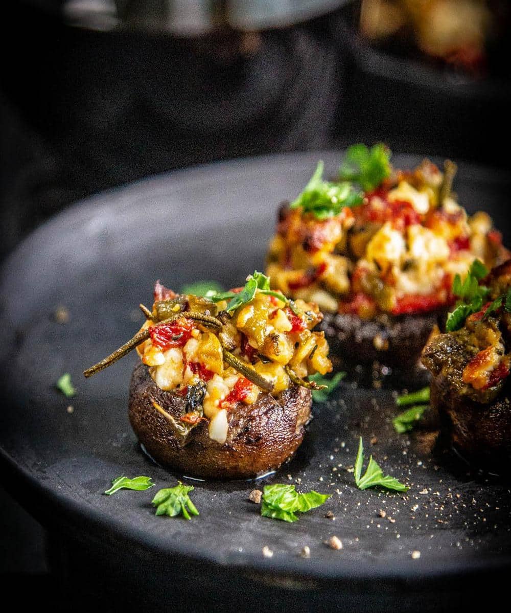 happy hour food - roasted mushroom caps with feta