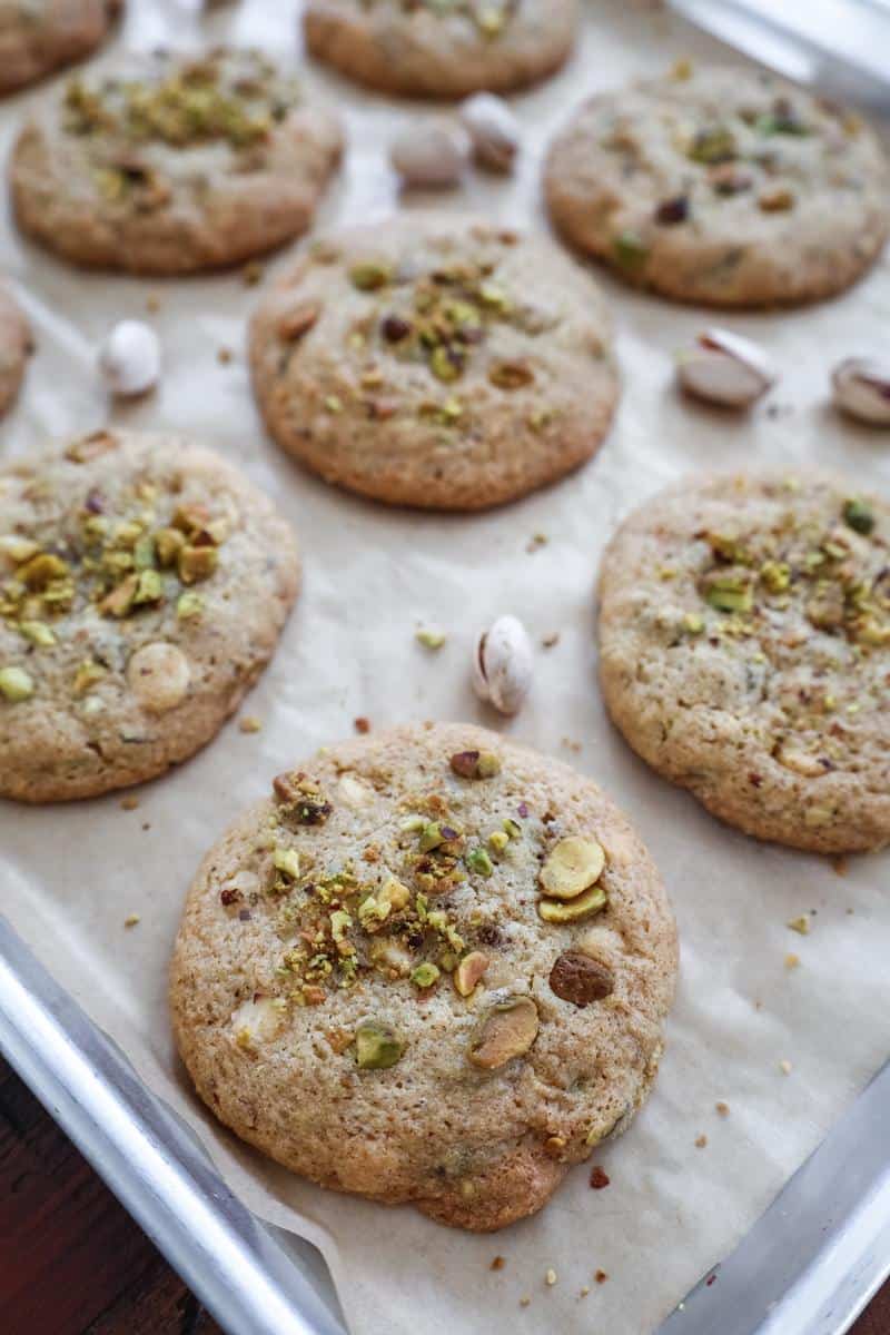 Pistachio White Chocolate Chip Cookies on a baking sheet