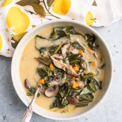 Final plating of Collard Green and Wild Rice Soup with Mushrooms.