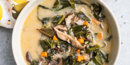 A Simple Collard Green and Wild Rice Soup with Mushrooms