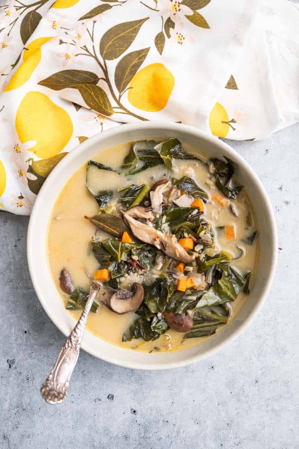 A Simple Collard Green and Wild Rice Soup with Mushrooms