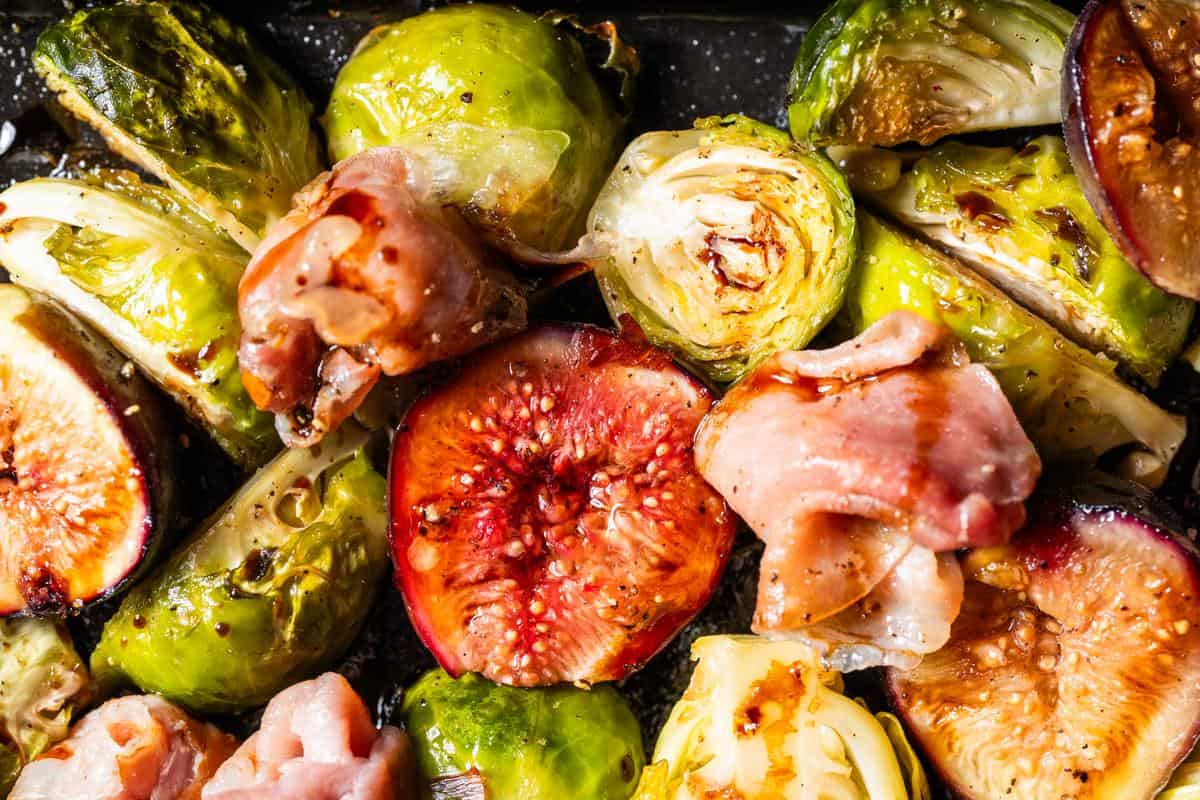 roasted figs and brussels sprouts just out of the oven