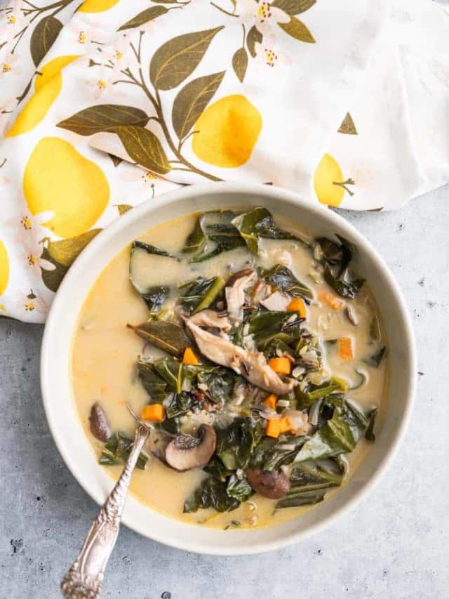 Final plating of Collard Green and Wild Rice Soup with Mushrooms.