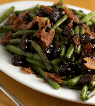 Green beans with bacon and tart cherry balsamic glaze