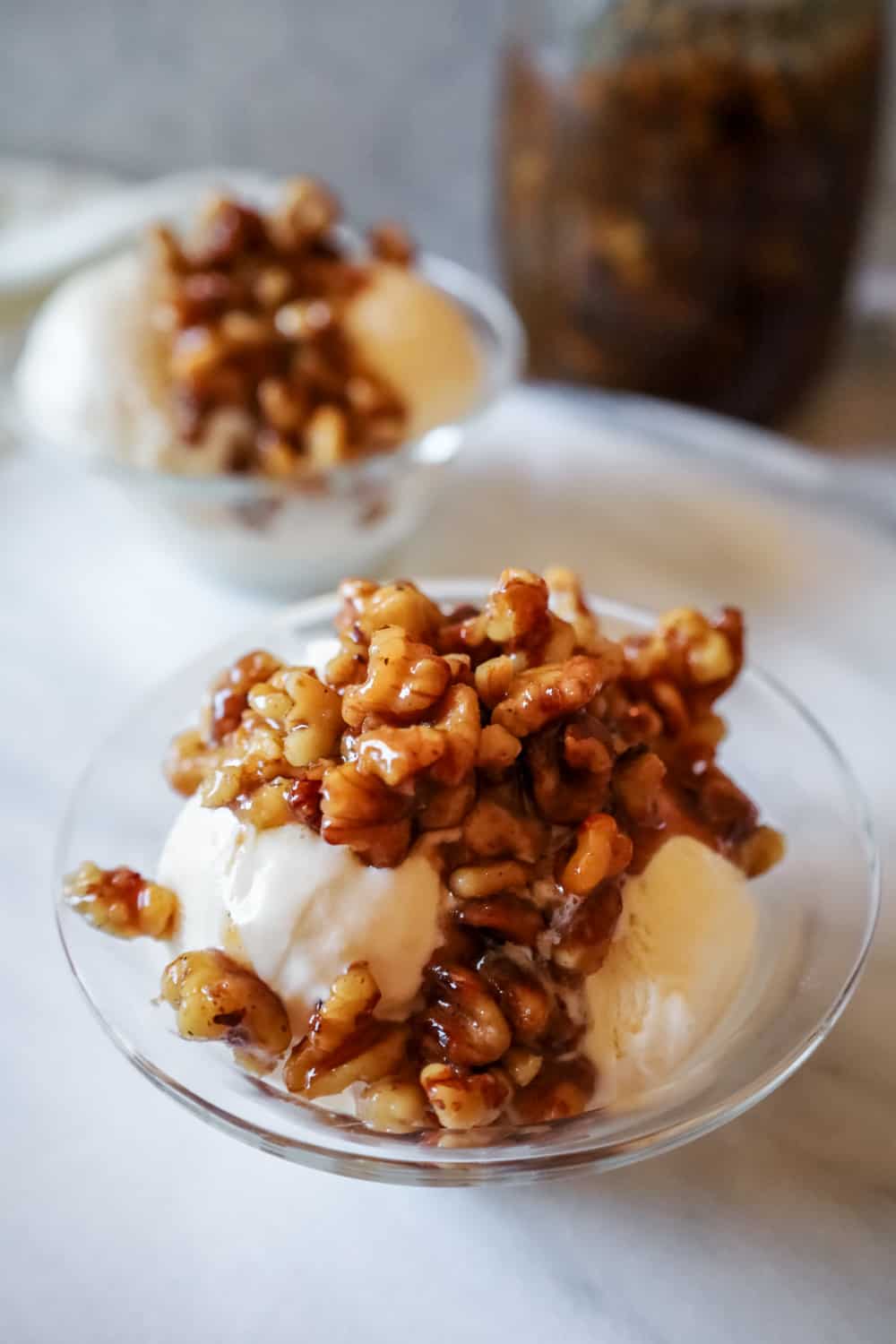 wet walnuts on ice cream