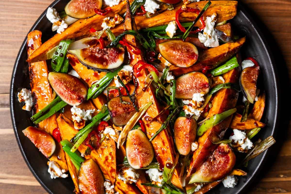 Roasted Sweet Potatoes with Scallions, Fresno Chili and Figs 