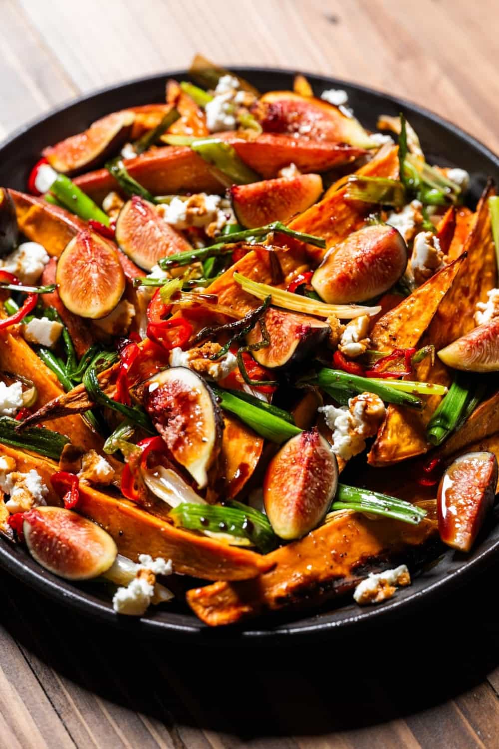 plate of Roasted Sweet Potatoes with Scallions and Fresh Figs