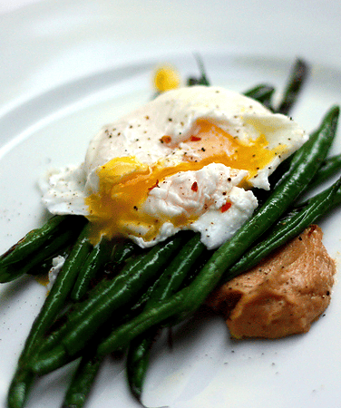 momofuku miso butter on poached eggs and green beans