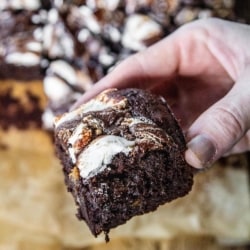 close up of a hand holding sweetpotato brownies