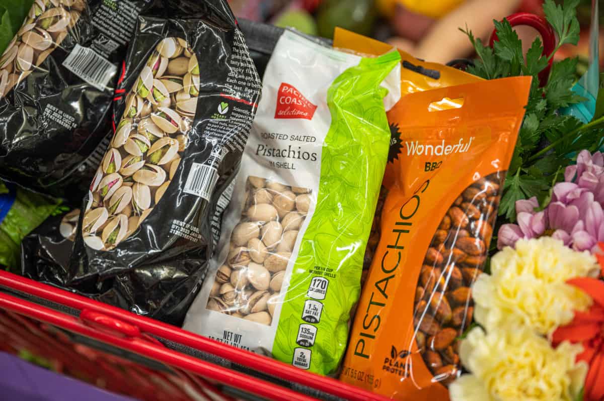 pistachios in a shopping cart at the supermarket