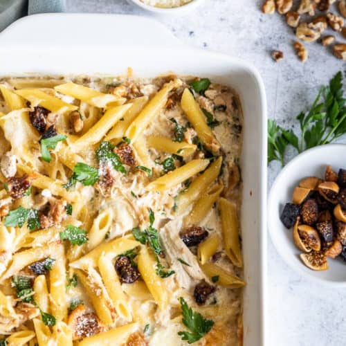 Creamy Penne with Chicken, Figs + Walnuts