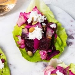 Pickled beet salad in a lettuce cup.