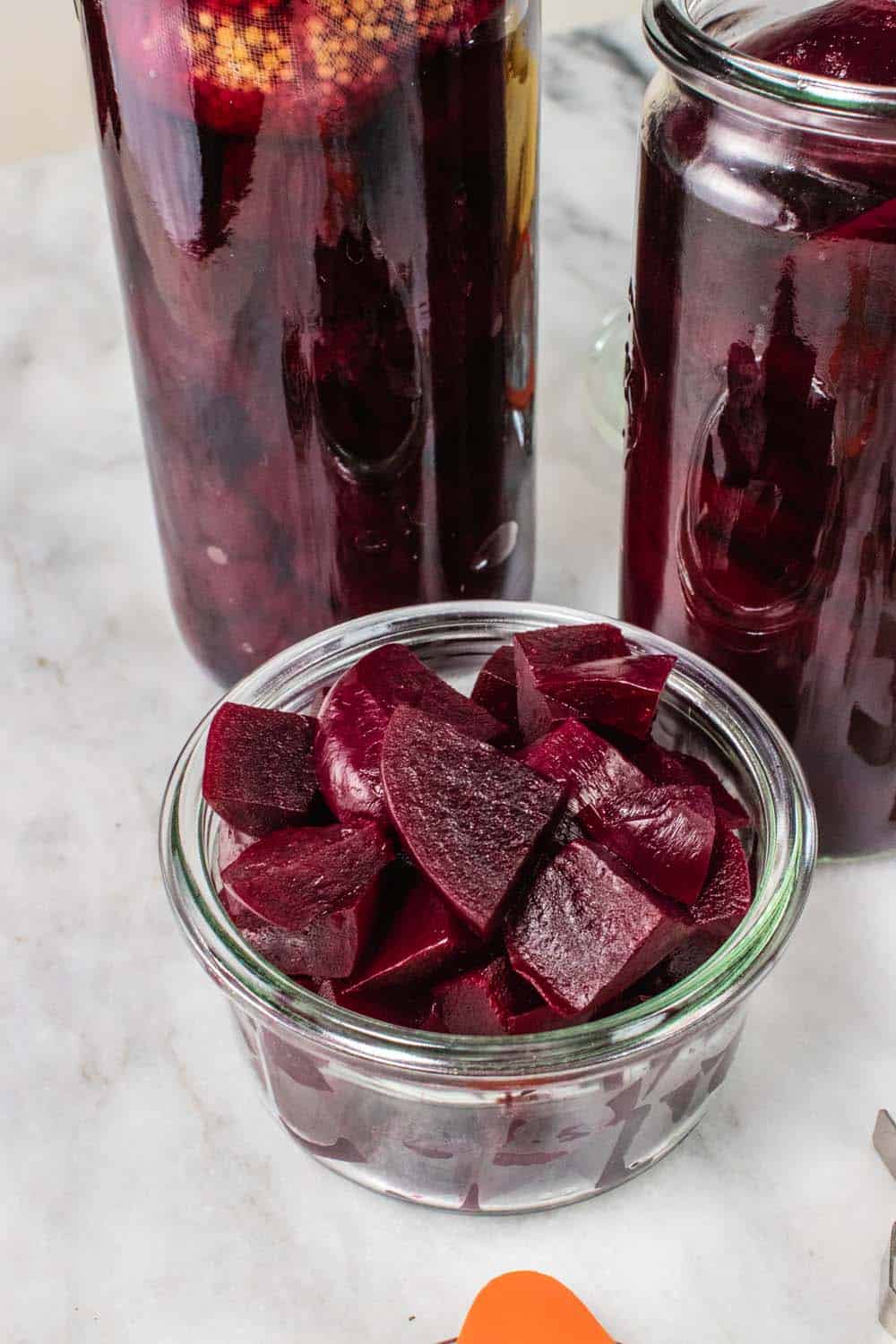 A small jar of diced roasted beets.