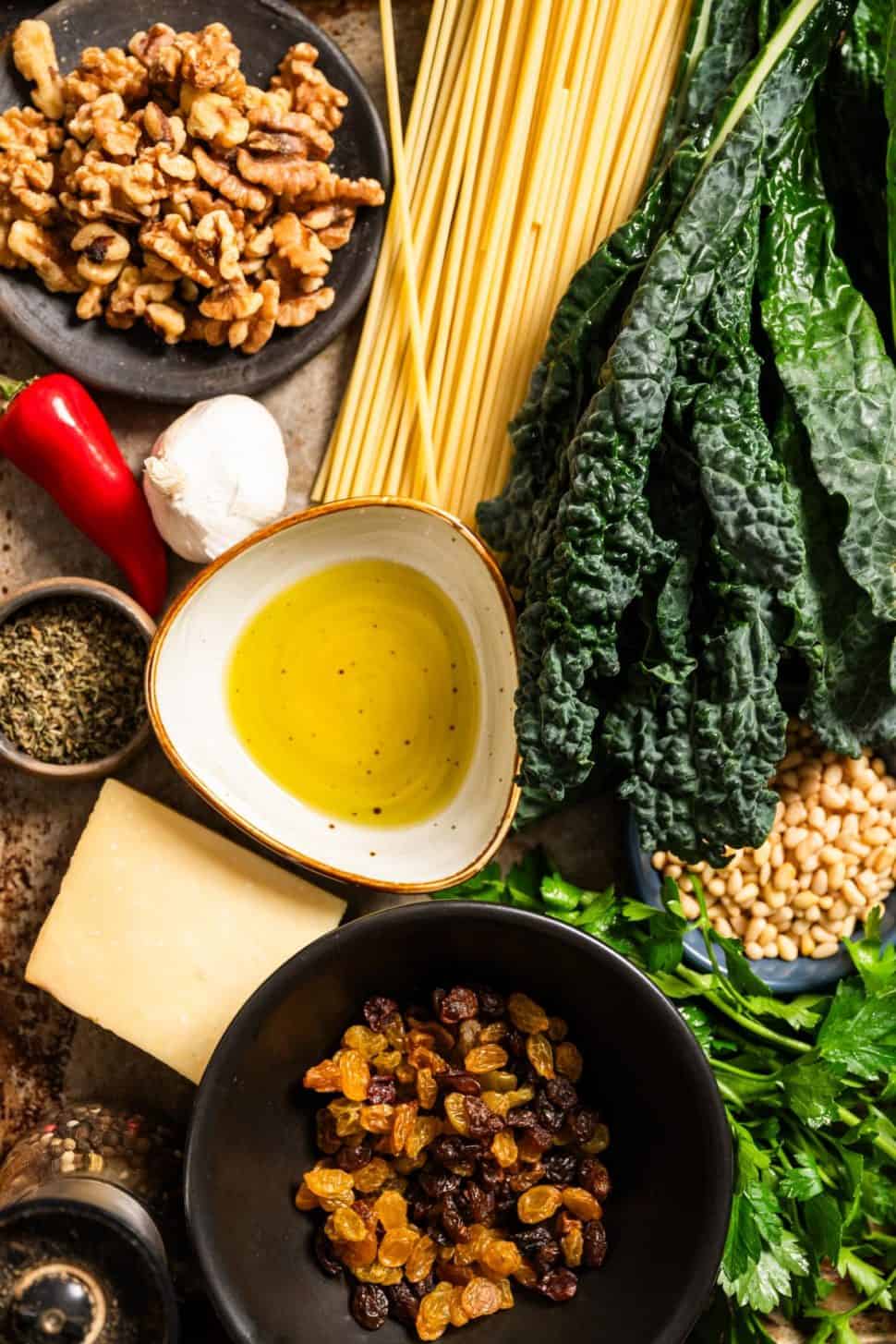 View of Simple Pasta Dinner with Walnuts, Raisins and Kale | CA GROWN