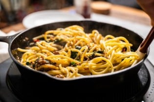 making a simple pasta dinner, California Grown Pasta Foriana in cast iron pan