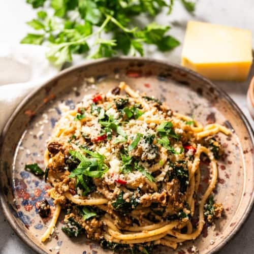 Simple Pasta Dinner with Walnuts, Raisins and Kale CA GROWN