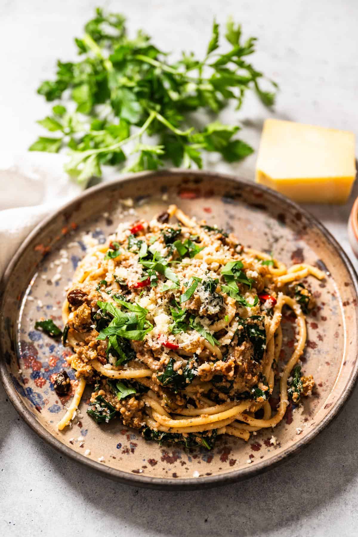 A Simple Pasta Dinner with Walnuts, Raisins and Kale