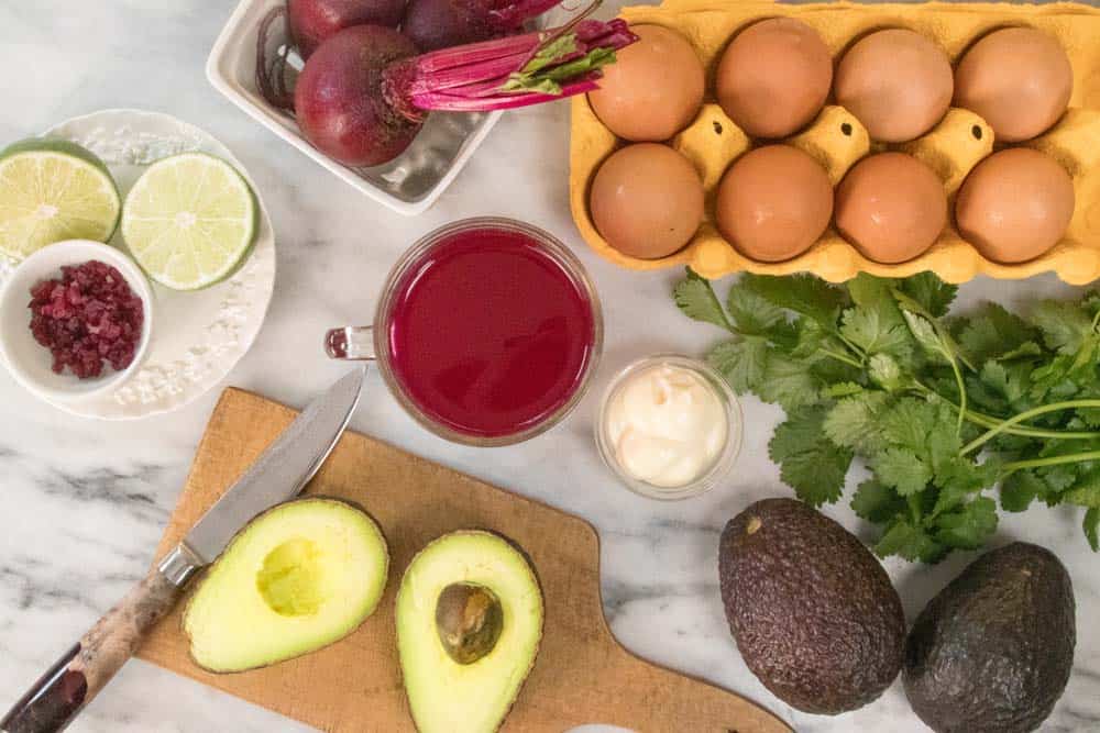 Ingredients to make How to Make Pickled Beet & Avocado Deviled Eggs.