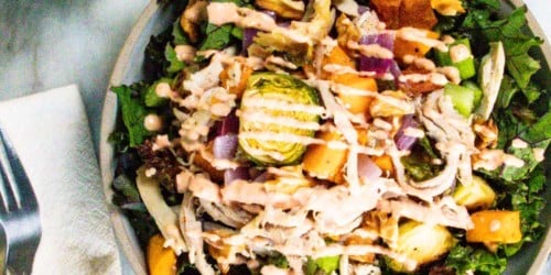 Roasted Sweet Potato And Brussels Chicken Salad With Chili Garlic Sauce