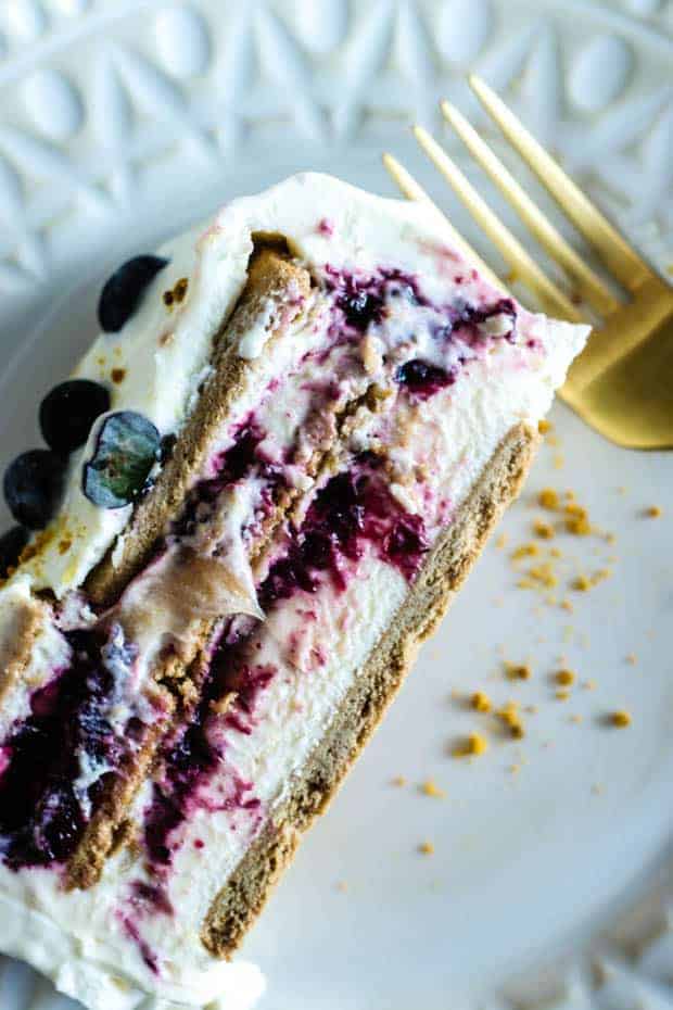 slice of blueberry lavender ice box cake on a white plate