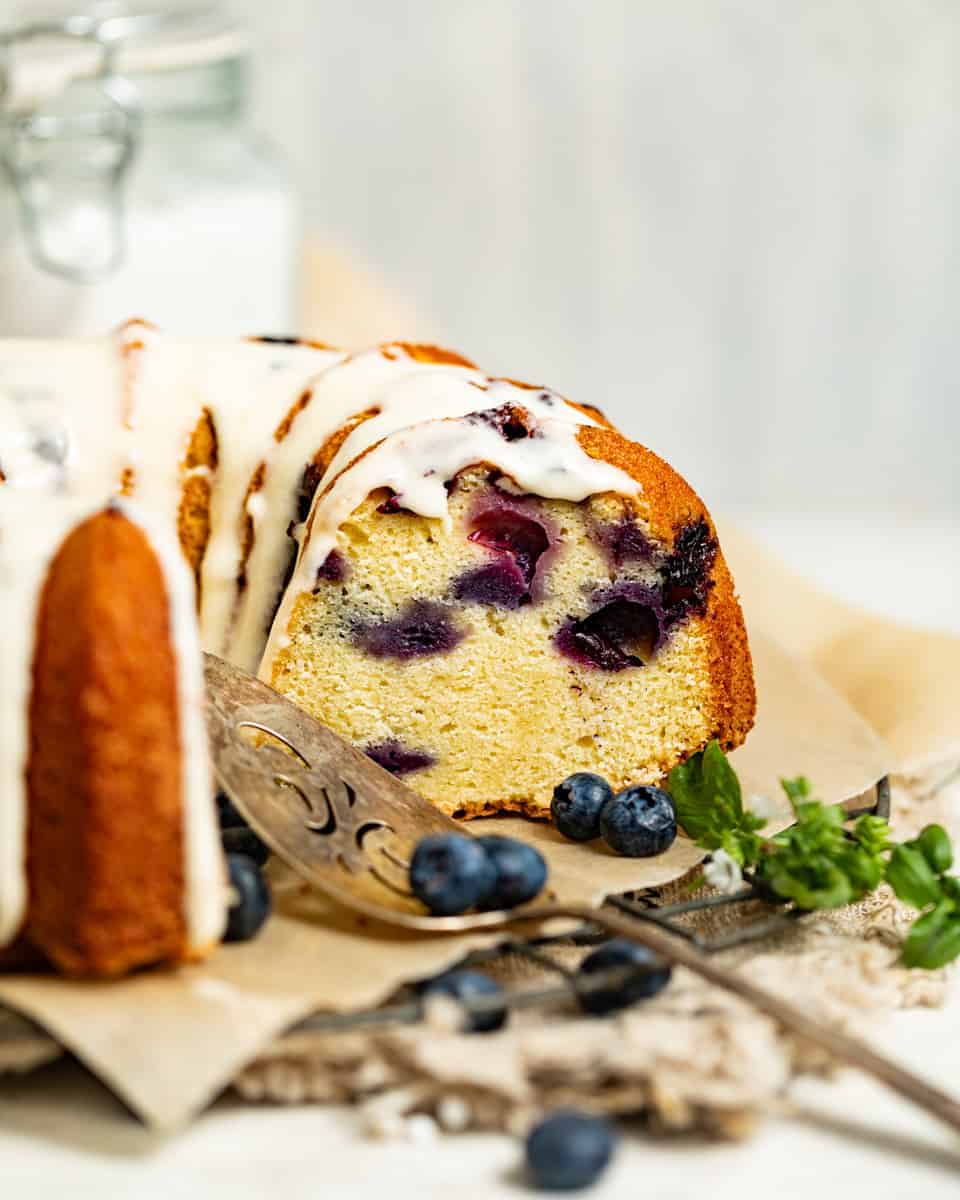 blueberry pound cake drizzled with white icing