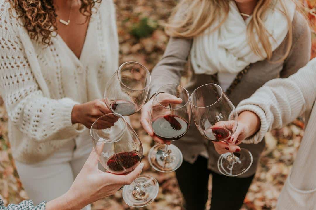 Women saying "cheers" with glasses of red wine in their hands.