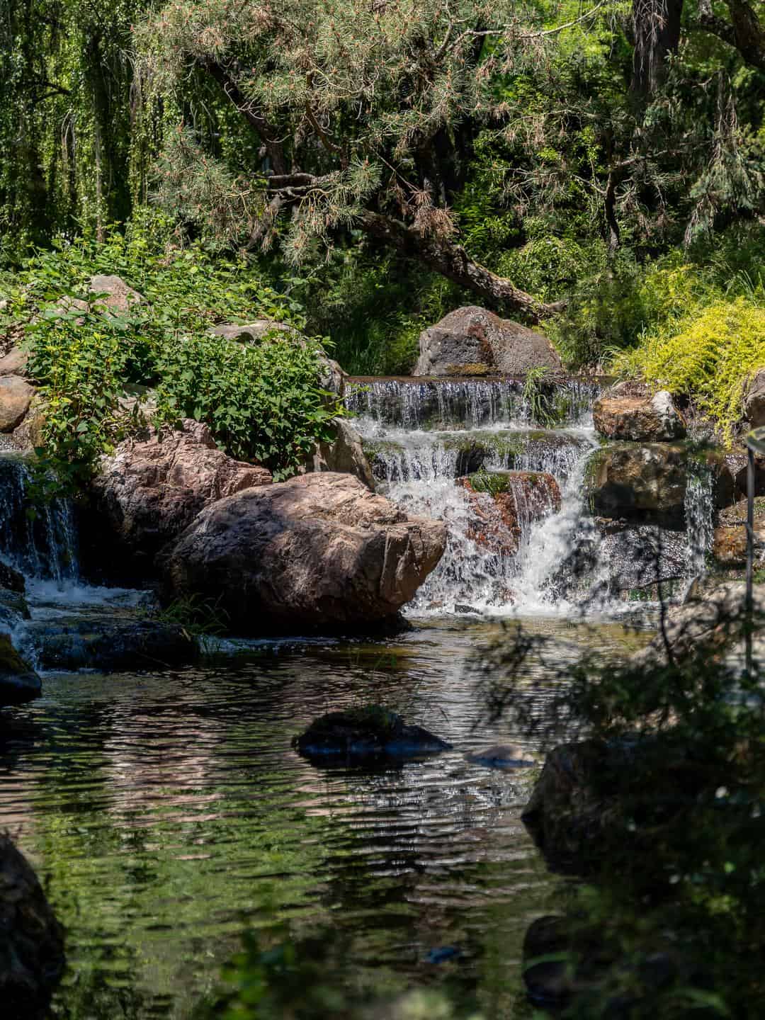 Waterfalls and lush trees in Claudia's Garden at Gilroy Gardens