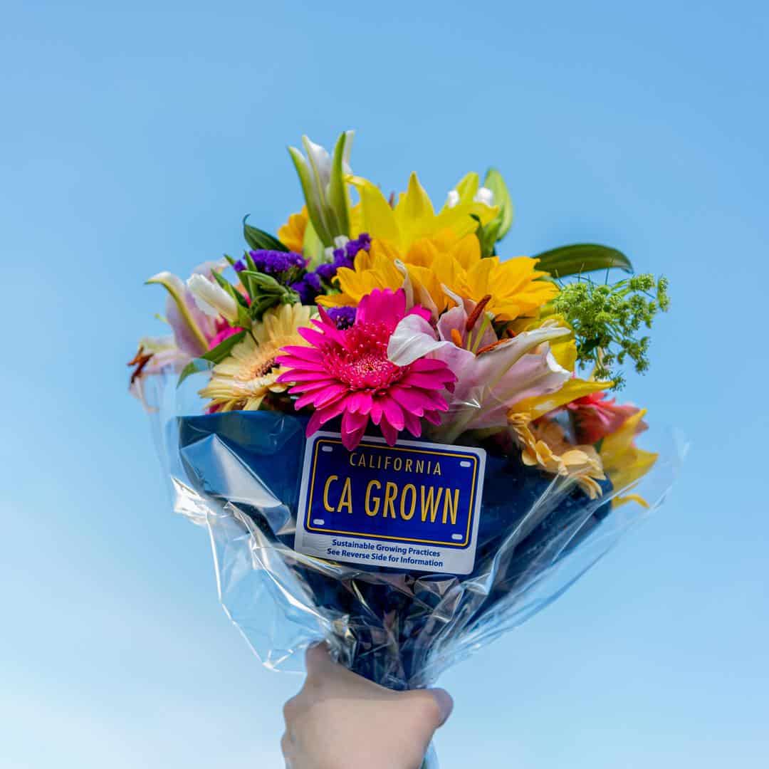 a bouquet of flowers with the CA GROWN license plate displayed on the wrapper