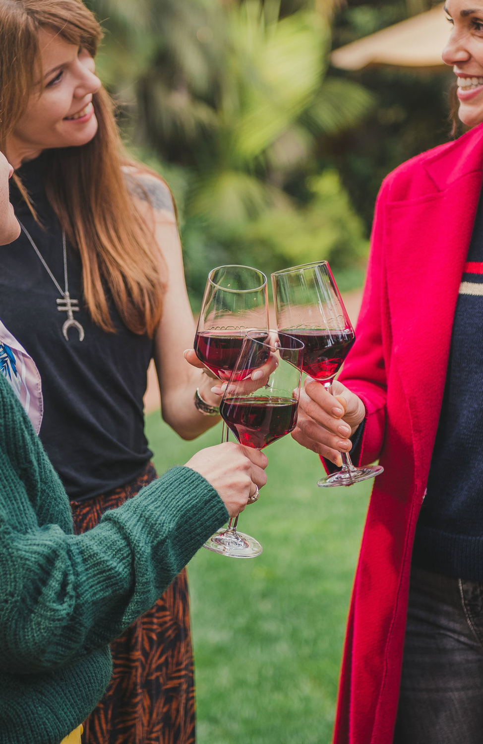 women saying cheers with three glasses of red wine