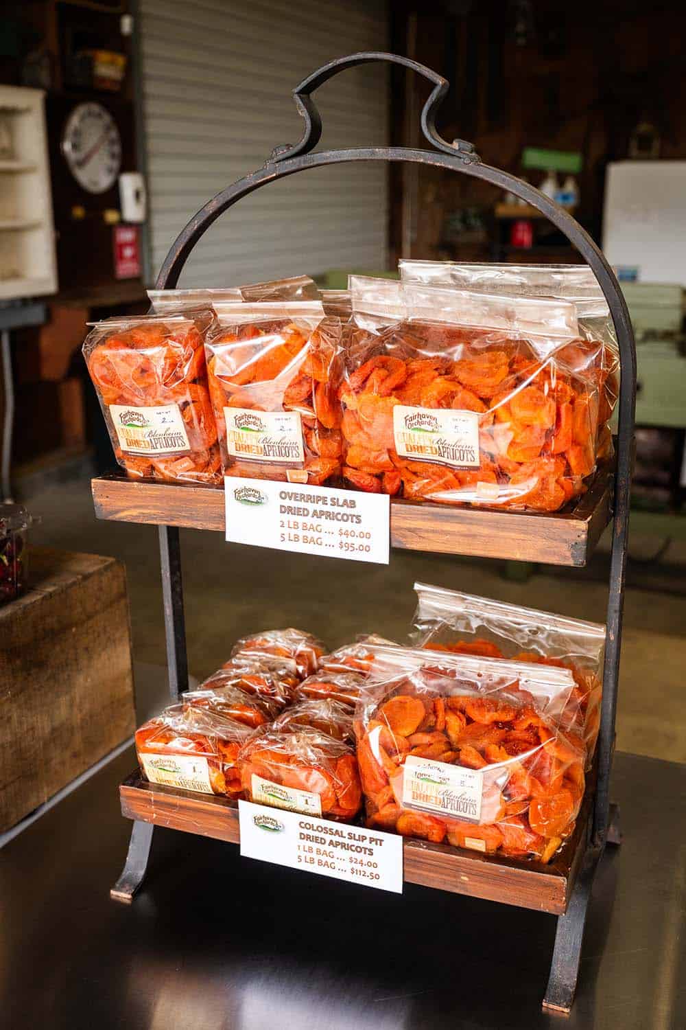 Packaged dried apricots for sale.
