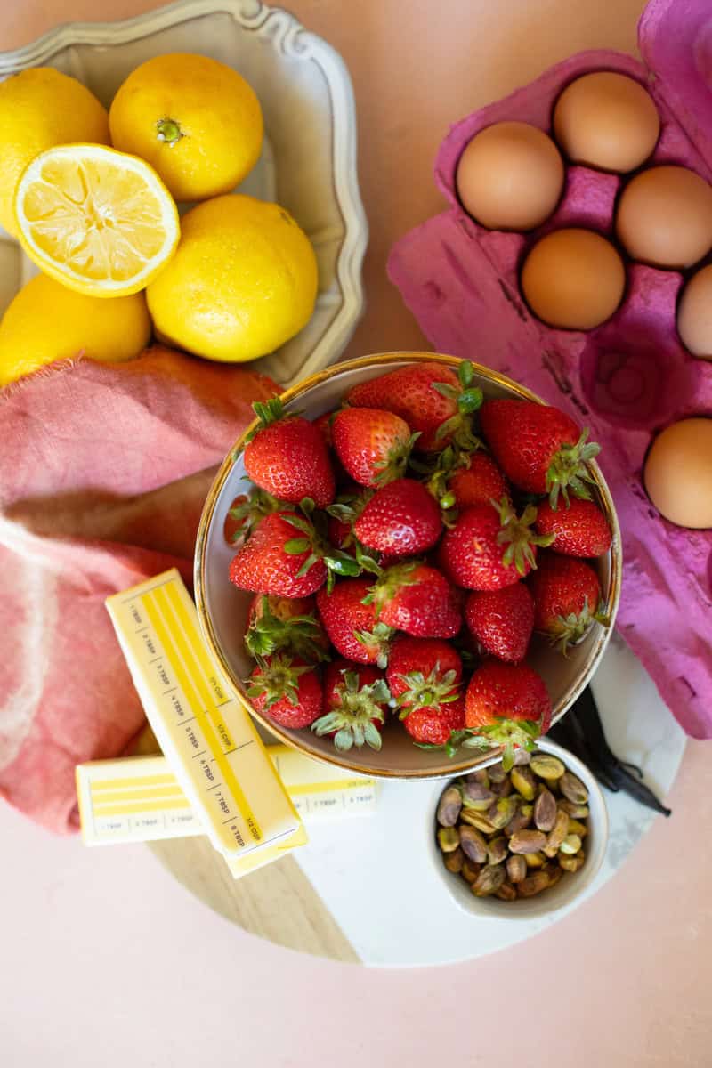 ingredients for pistachio lemon strawberry pound cake