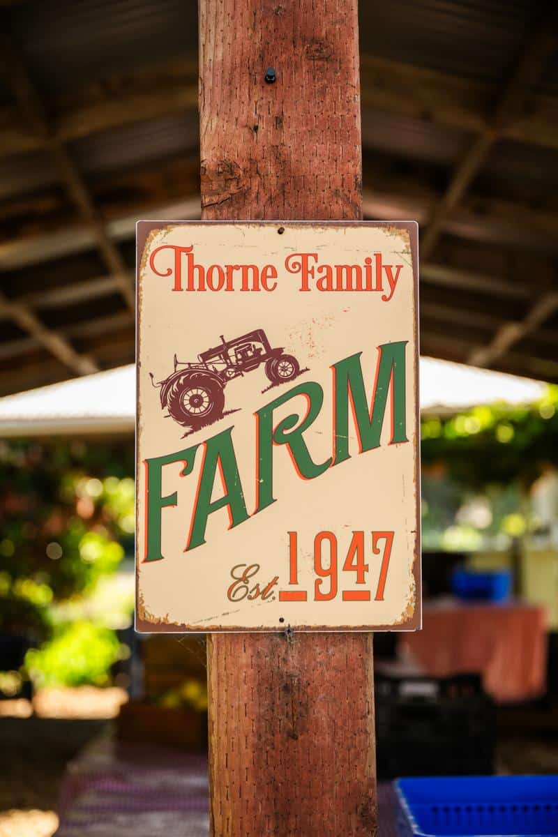 Sign in farmstand at Thorne Family farm in Southern California