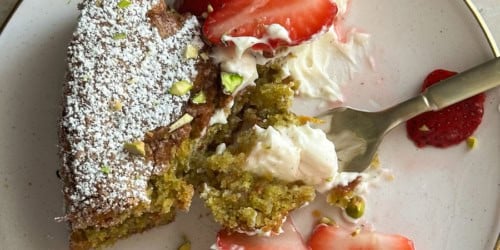 Pistachio Cake with Mascarpone Cream + Macerated Strawberries