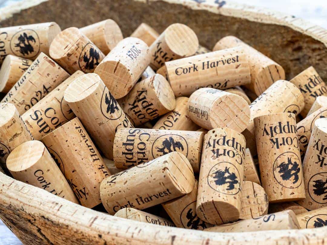 a bowl of corks with Cork Supply artwork
