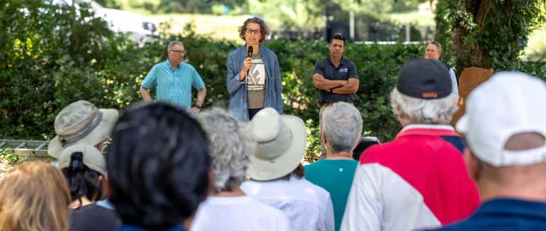 Emily Griswold speaking at the historic UC Davis Cork Harvest