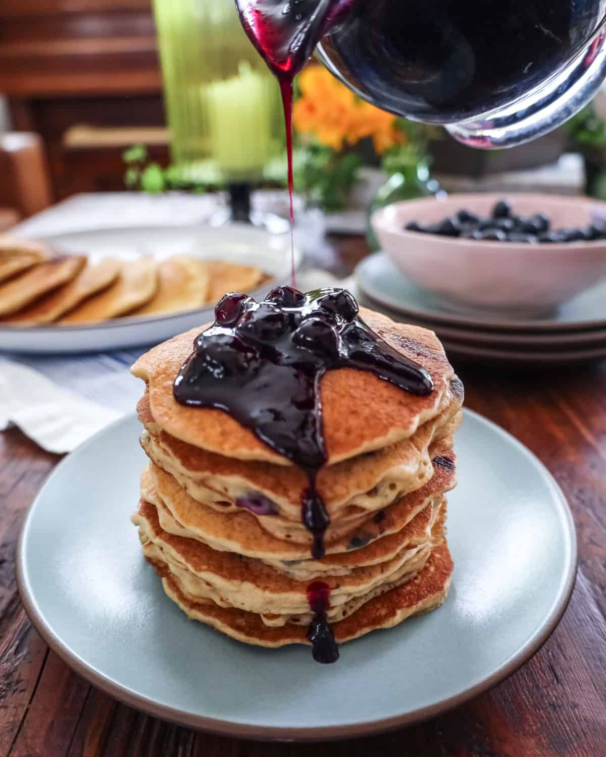 blueberry pancakes with blueberry syrup