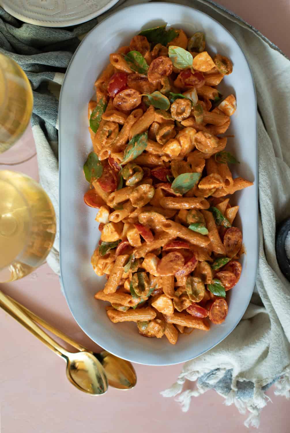 Caprese Pasta Salad in a white platter