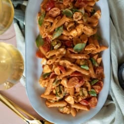 Caprese Pasta Salad in a white platter