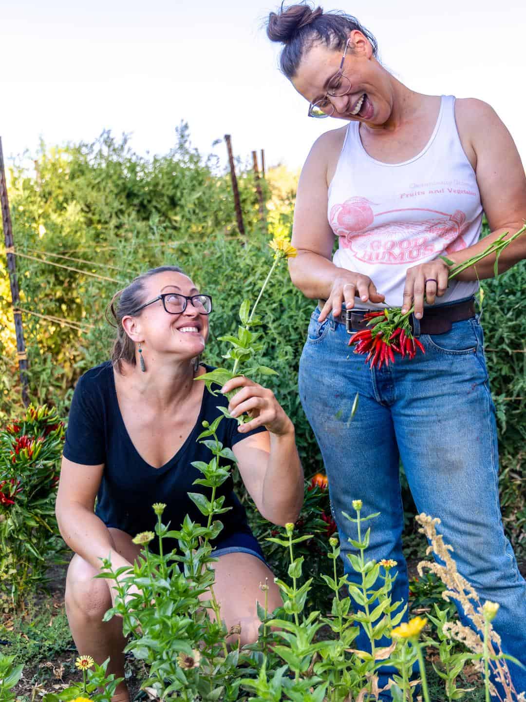 Ali and Claire Main goofing off in the flower field at Good Humus