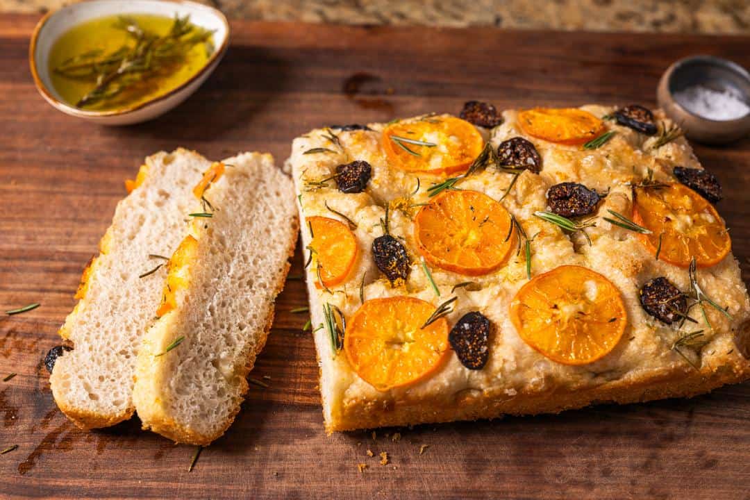 Fig and Mandarin Focaccia slices and a beautiful whole loaf