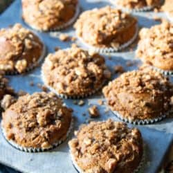 A muffin tin of protein pumpkin muffins fresh from the oven.