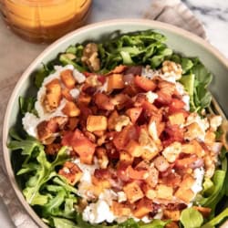 A high protein cottage cheese bowl with sweet potato breakfast hash.