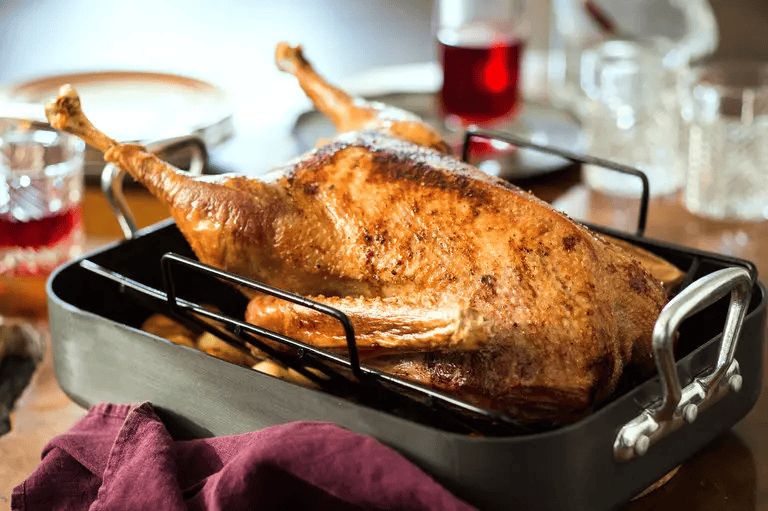 roasted goose in a roasting pan