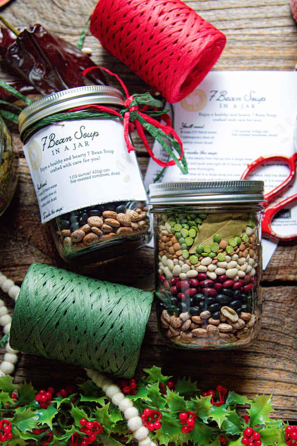 Jars of 7-Bean dry soup mix for holiday gifting.