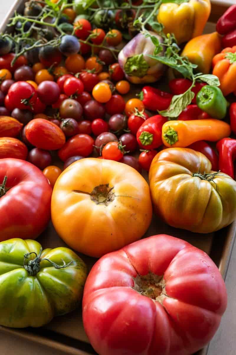 tomatoes on a tray choosing elements to build an edible centerpiece with CA GROWN produce